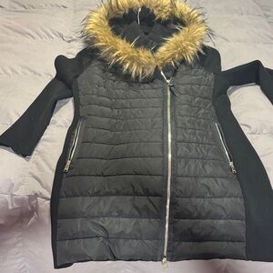 Calvin Klein Collection Black Puffer Jacket with Gold Faux Fur